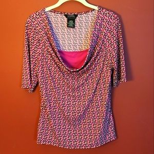 George Stretch pink, black & white geometric short sleeve blouse size Medium